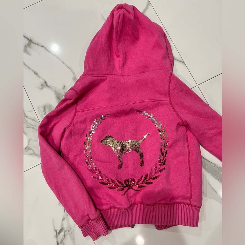 Victoria's Secret Pink Faux Fur Blinged out Full Zip Hoodie, RARE,